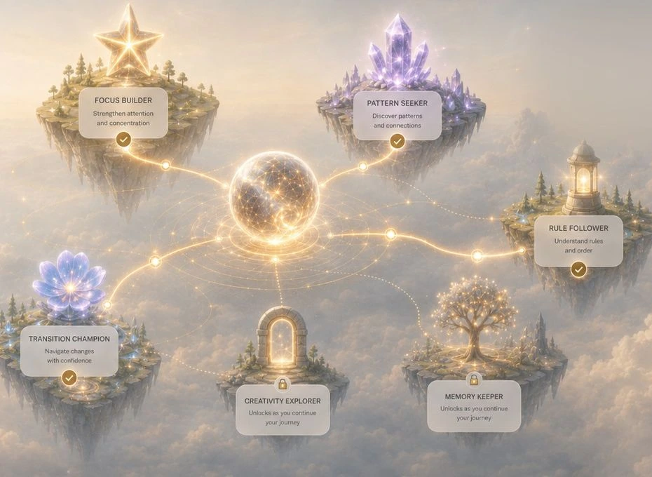 Concept illustration of connected learning worlds around Kino
